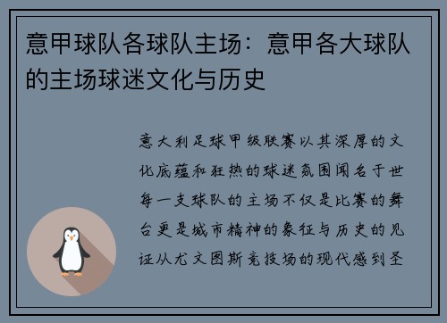 意甲球队各球队主场：意甲各大球队的主场球迷文化与历史